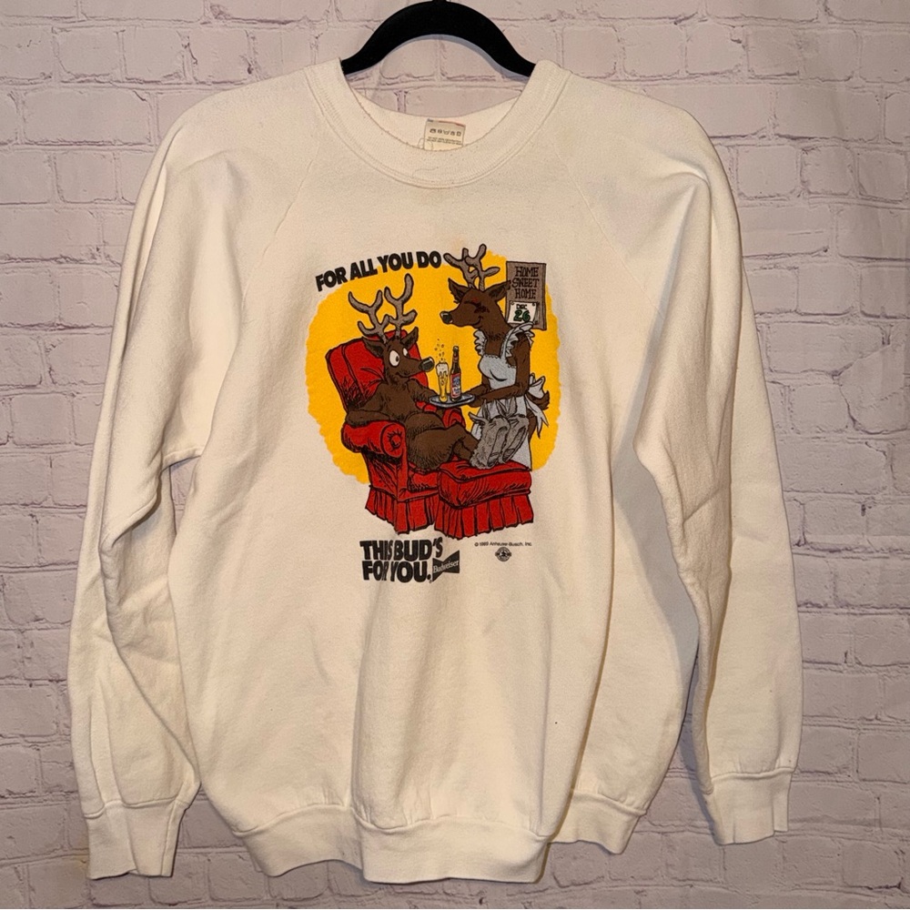 Vintage 1989 Budweiser White Graphic Sweatshirt Size XL